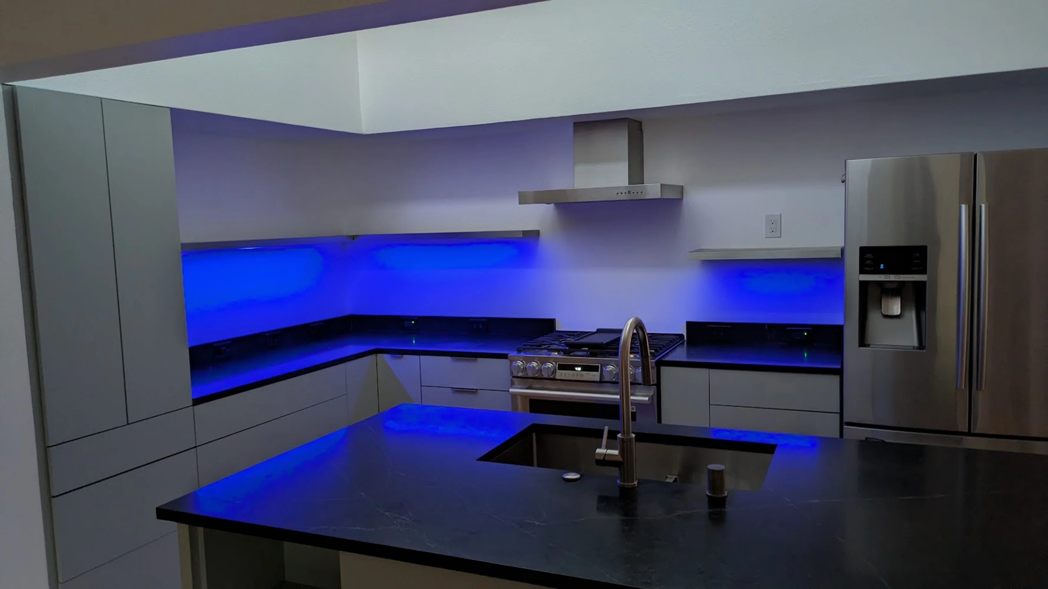 Stainless Steel Floating Shelf with Recessed LED Strip Lights | Color Changing Wall Shelf